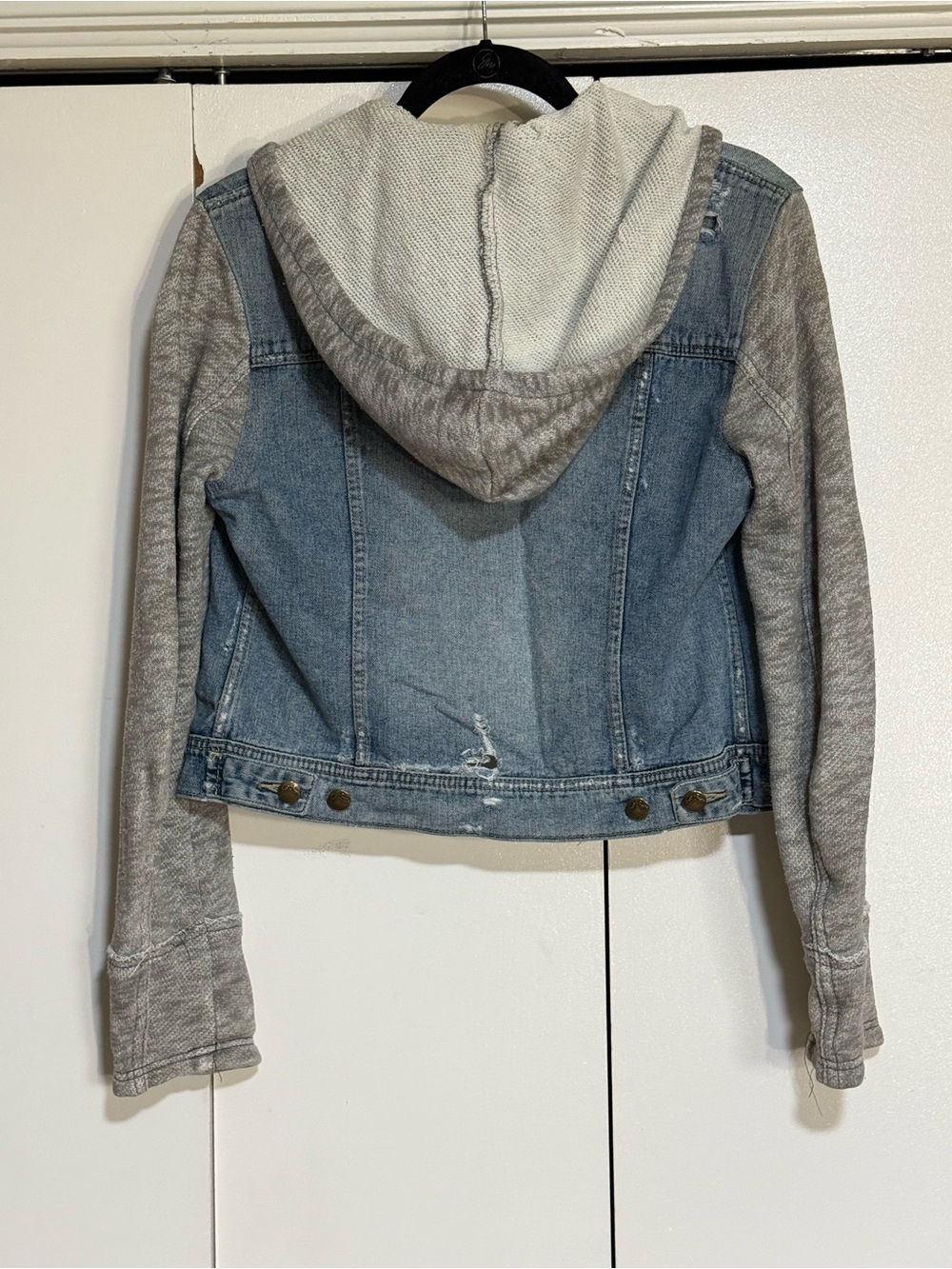 Free People Denim Hoodie Jacket M Distressed Knit Sleeve Jacket - Picture 3 of 16